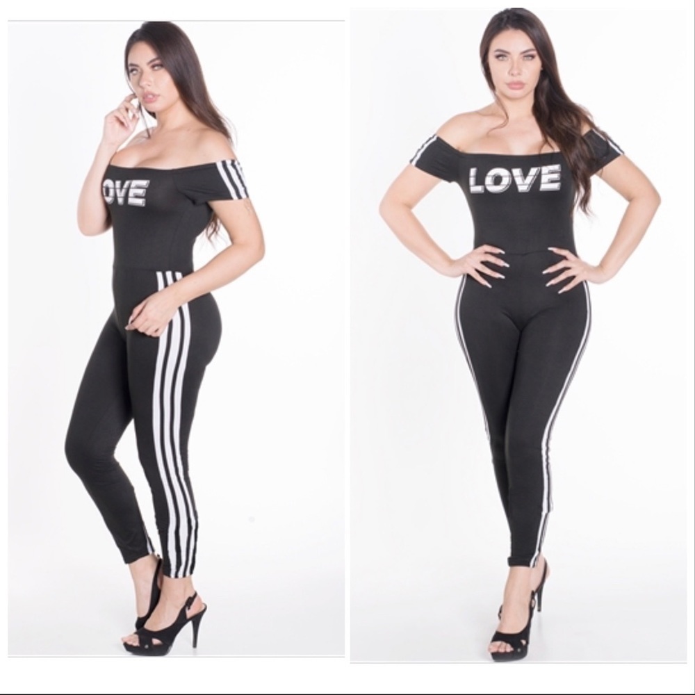 Off the shoulder black bodycon striped jumpsuit